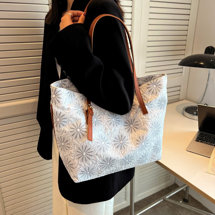 Designer Inspired Embroidered Canvas Tote with Leather Handles – Vintage Style Handbag