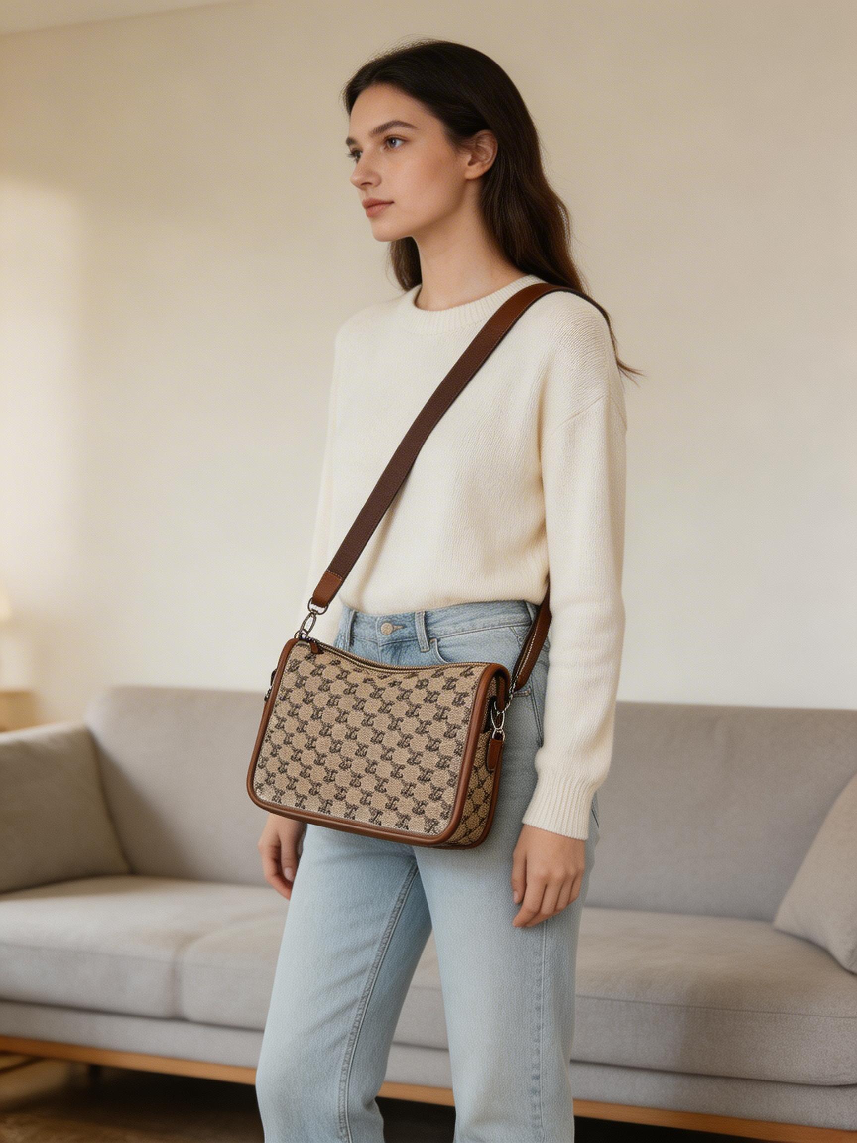 Designer Monogram Canvas Crossbody Bag – Luxury Half-Moon Saddle Bag